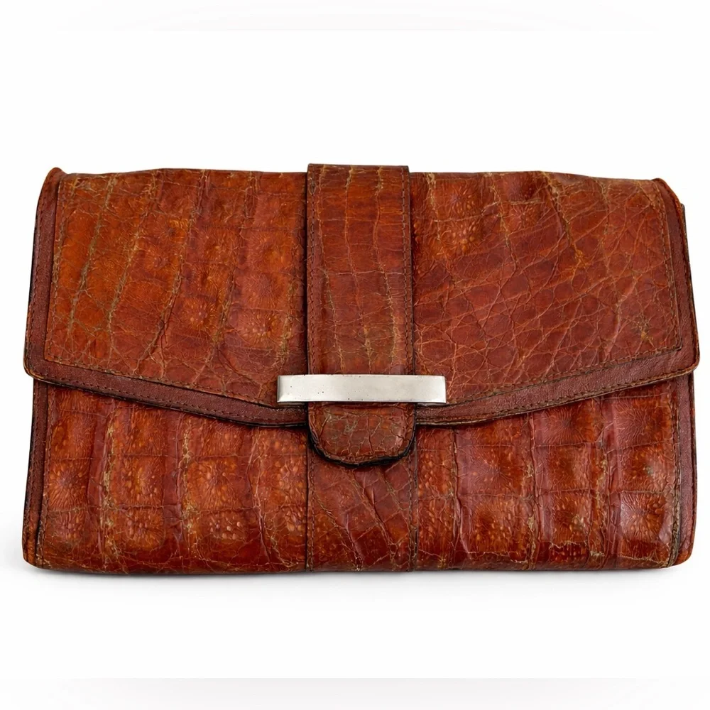 Vintage Brown Crocodile Alligator Leather Clutch Silver Buckle